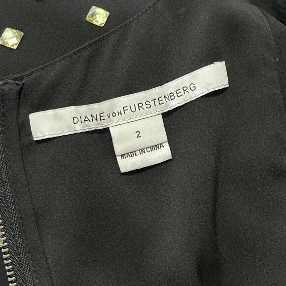 Diane Von Furstenberg Black Silk Ella Dress Chiffon Shift Stud Rhinestone Size 2 - Picture 11 of 16